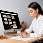 Home 5 브랜드 아이덴티티와 디자인의 상관관계 - A modern, well-lit design studio with a large window overlooking a bustling city. A female graphic d...