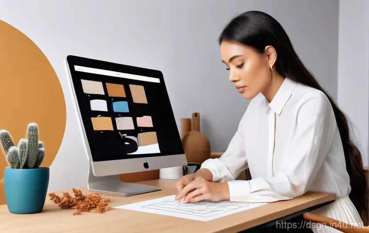 브랜드 아이덴티티와 디자인의 상관관계 - A modern, well-lit design studio with a large window overlooking a bustling city. A female graphic d...