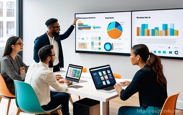 브랜드 스타일 가이드 작성 방법 - A diverse team of professionals, including men and women of various ethnicities, are gathered around...