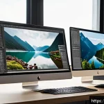 포토샵 대체 소프트웨어 추천 - A modern digital workspace featuring a creative professional editing photos on a high-resolution mon...