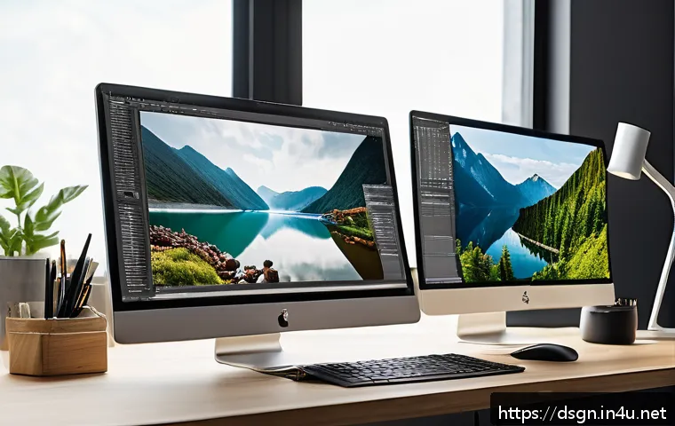 포토샵 대체 소프트웨어 추천 - A modern digital workspace featuring a creative professional editing photos on a high-resolution mon...