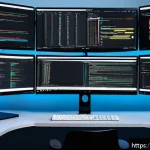웹 디자인에서 빠른 로딩 속도를 위한 팁 - A modern web developer workspace showing multiple screens with code editors open, illustrating minif...