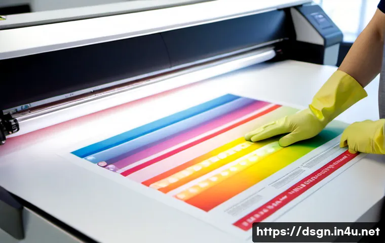 최신 인쇄 디자인 기술 - Photorealistic modern print design studio, close-up of a premium commercial printer producing a vivi...