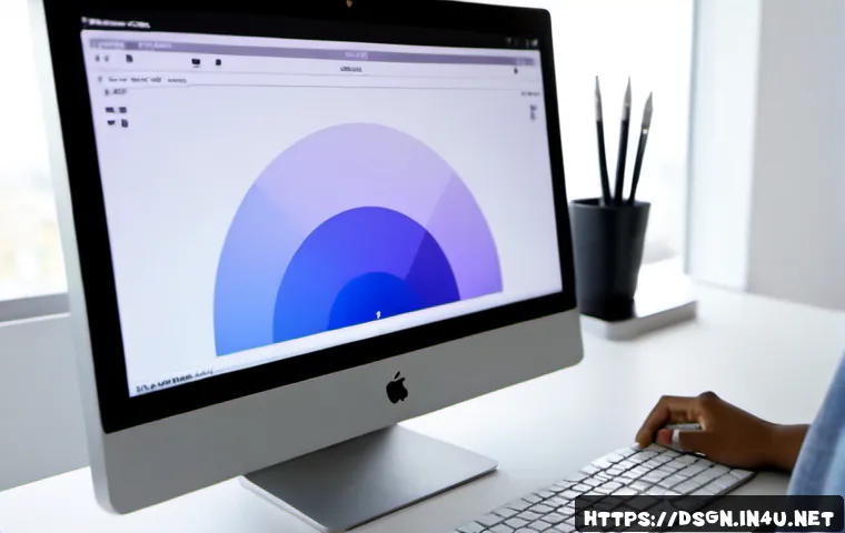 디자인에서 선형 그래디언트 활용 - Photorealistic modern graphic designer workspace, close-up of a large monitor displaying a clean abs...